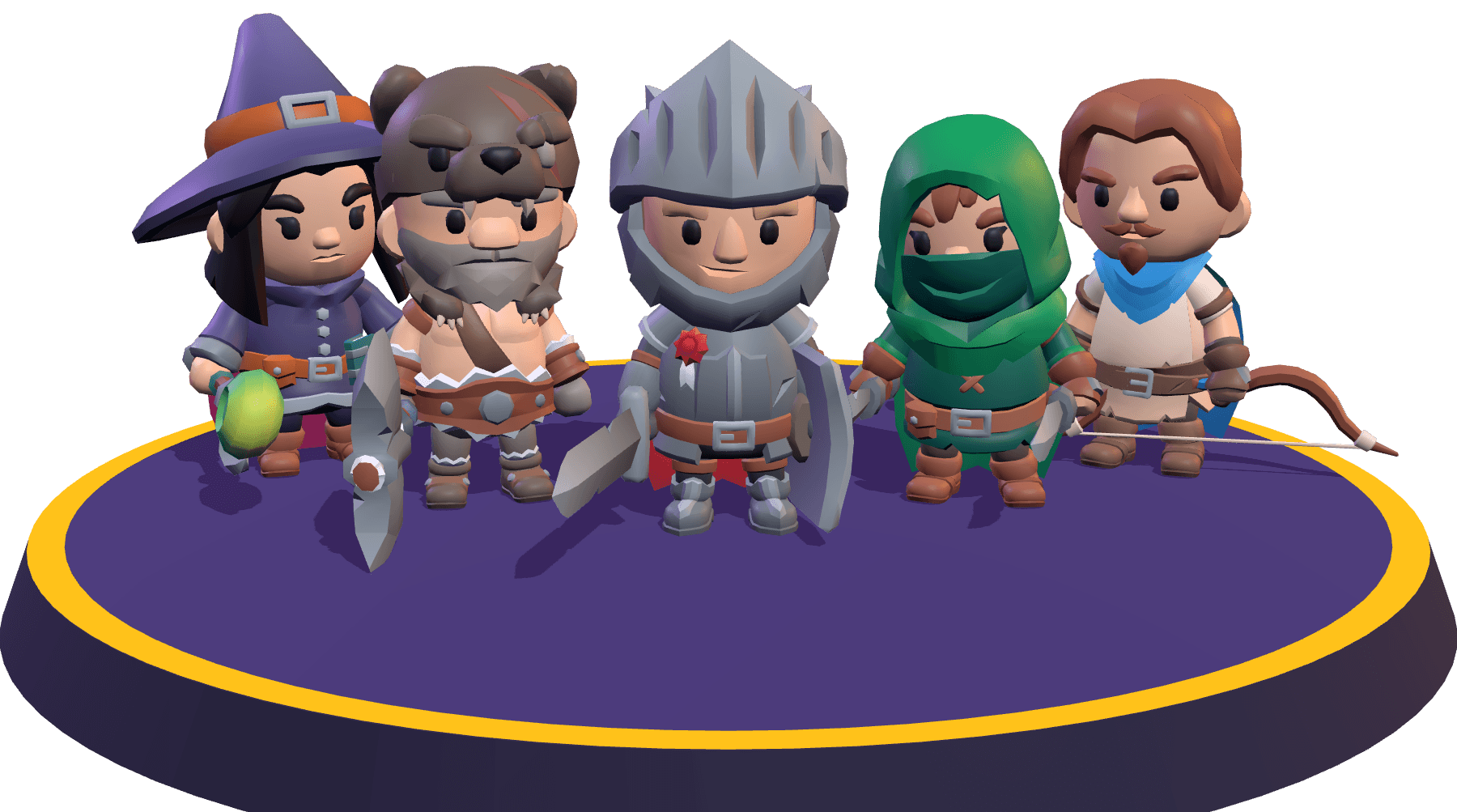 The Raidkeep cast: a mage, a barbarian, a knight, a rogue and a ranger