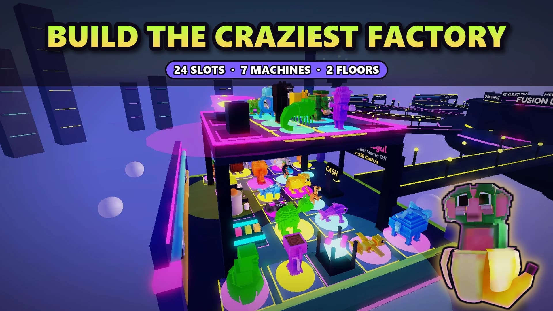A two-floor brainrot factory full of machines