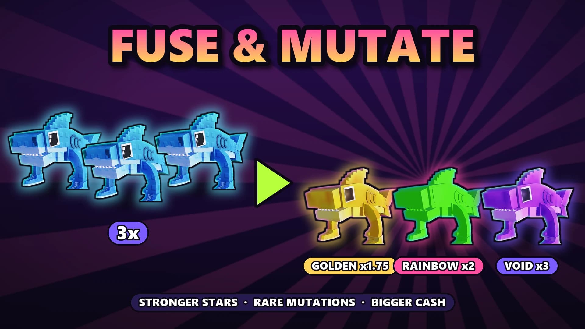 Three brainrots fusing into golden, rainbow and void mutations